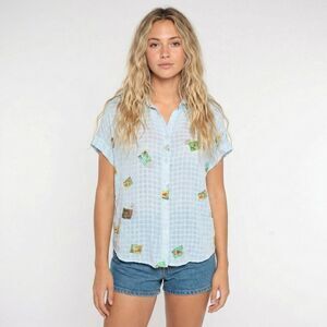 Jane & Delancey Postage Top M Very Good Condition Blue Travel Passport Boho